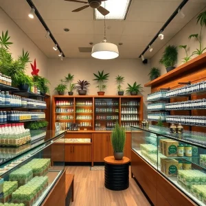 Interior of FLUENT Kingston cannabis dispensary with various products displayed
