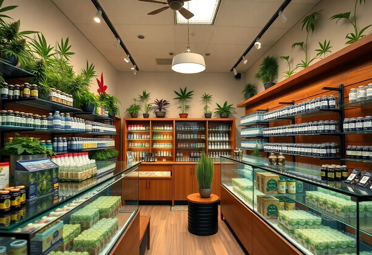 Interior of FLUENT Kingston cannabis dispensary with various products displayed