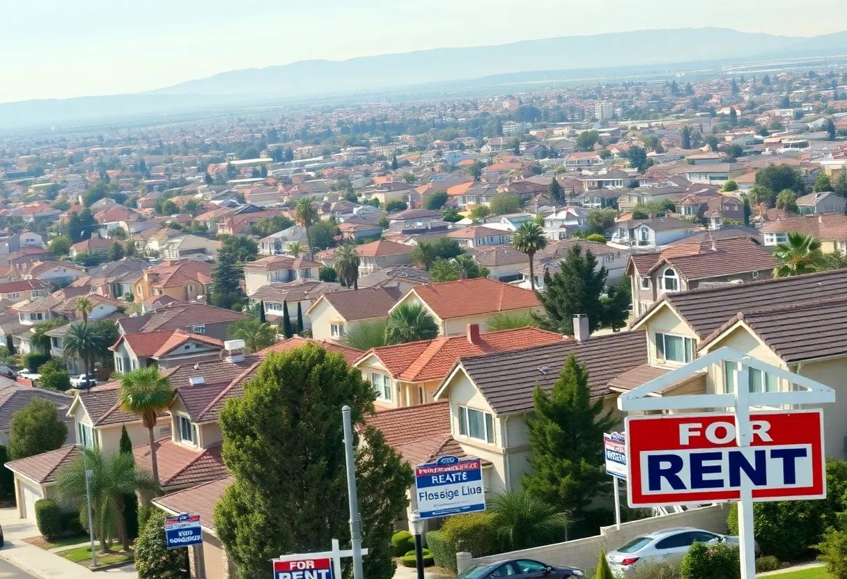 Aerial view of Fresno, California real estate market with residential properties.
