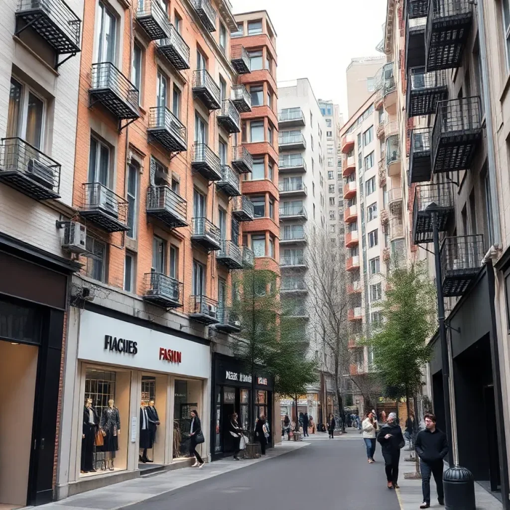 Busy scene in New York City's Garment District highlighting fashion manufacturing and residential buildings.
