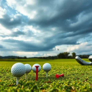 Golf course with dramatic clouds and golf equipment