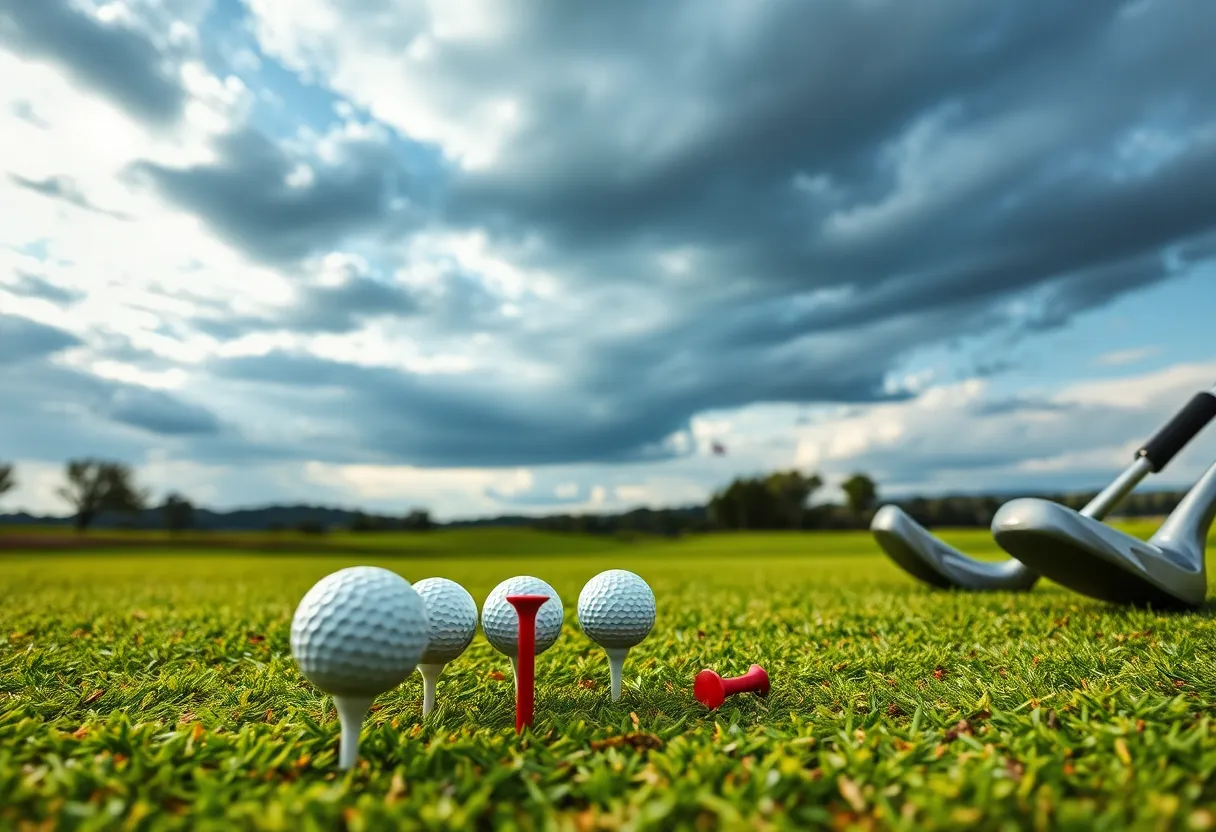 Golf course with dramatic clouds and golf equipment