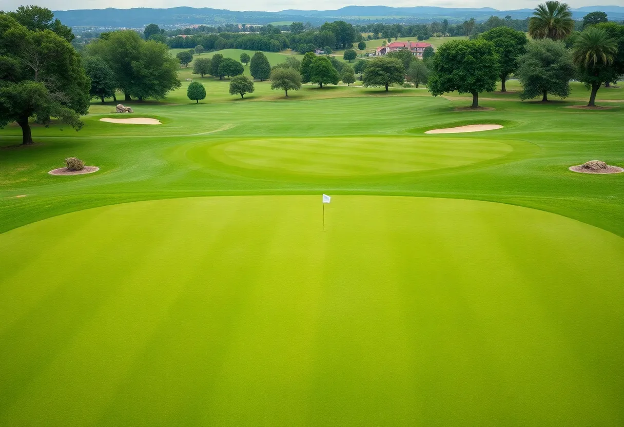 A beautiful golf course with lush greenery and a clear blue sky.