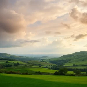Scenic view of a golf course in the UK or Ireland with rolling hills and lush grass.