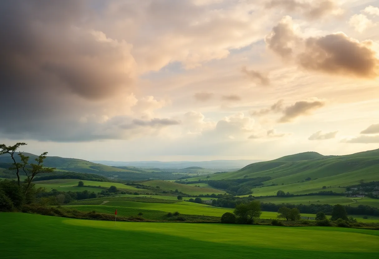 Scenic view of a golf course in the UK or Ireland with rolling hills and lush grass.
