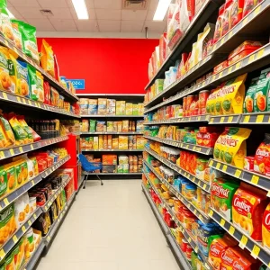 Grocery store aisle displaying labels emphasizing healthy food choices