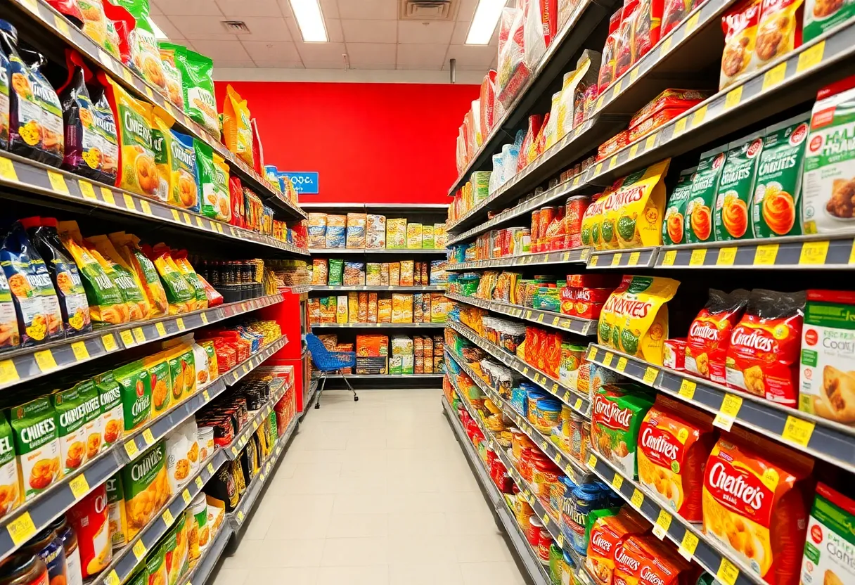 Grocery store aisle displaying labels emphasizing healthy food choices