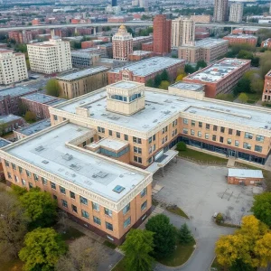 Aerial view of the former Hahnemann University Hospital site in Philadelphia