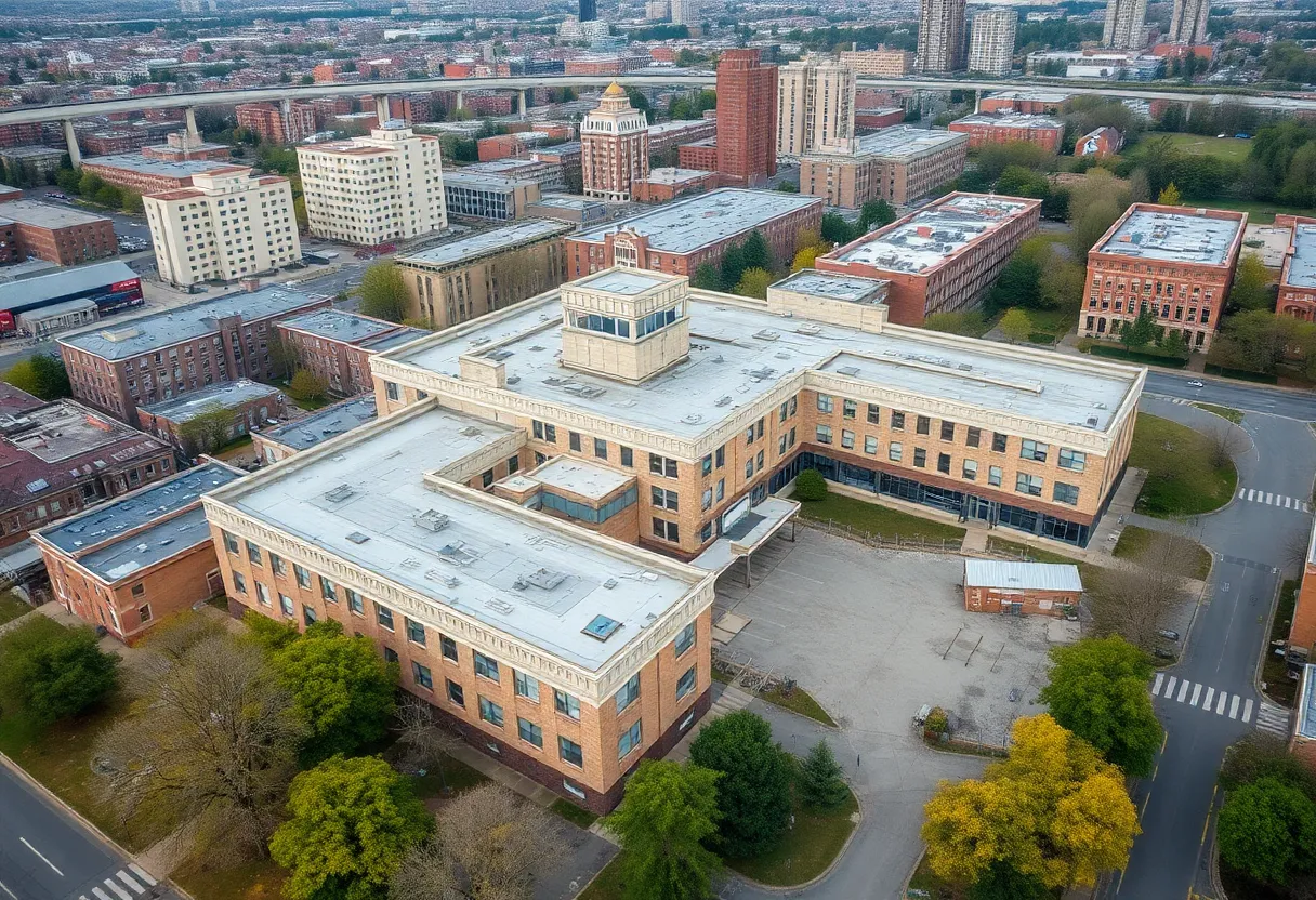 Aerial view of the former Hahnemann University Hospital site in Philadelphia