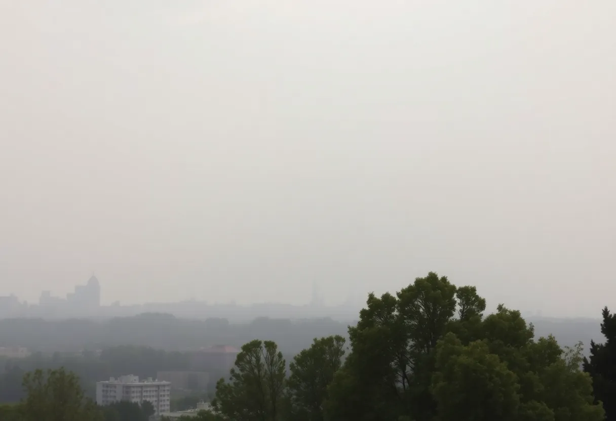 City skyline under hazy conditions caused by wildfire smoke