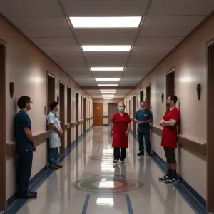 Empty hospital corridor representing health care job cuts