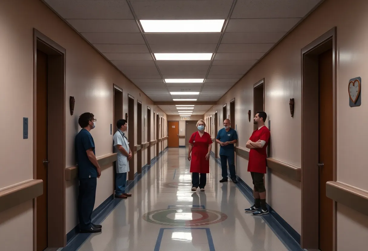 Empty hospital corridor representing health care job cuts