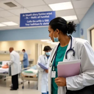 A bustling healthcare facility in New York with patients and medical staff, representing the importance of Medicaid funding.