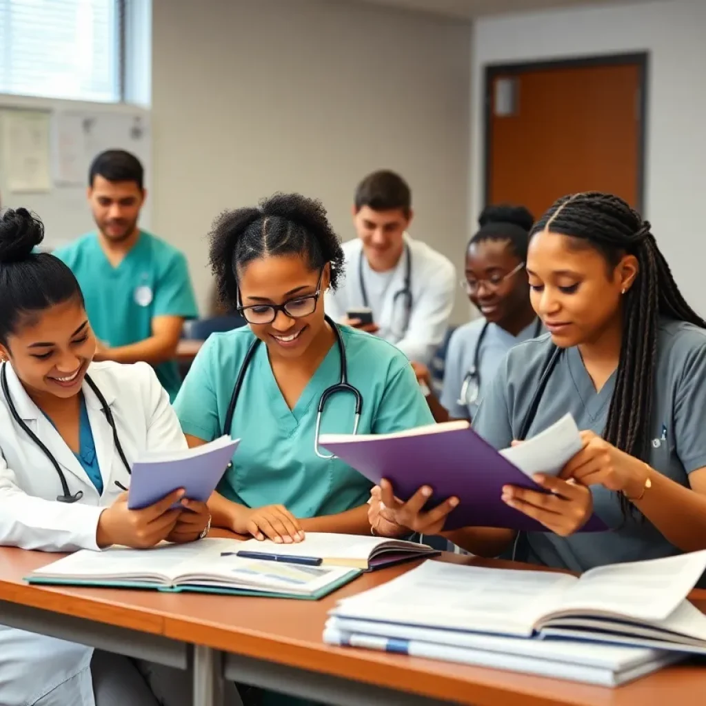 Diverse healthcare students collaborating in a classroom