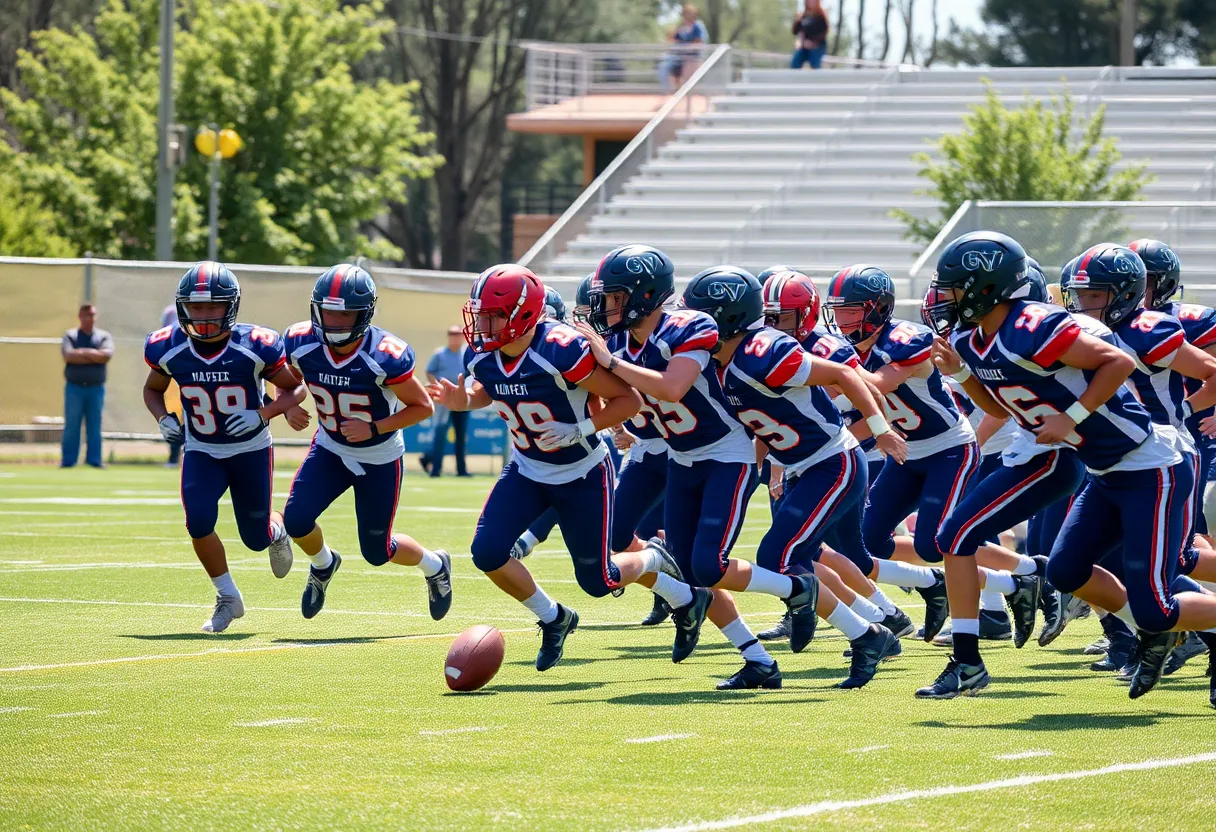 Young athletes playing football on a field