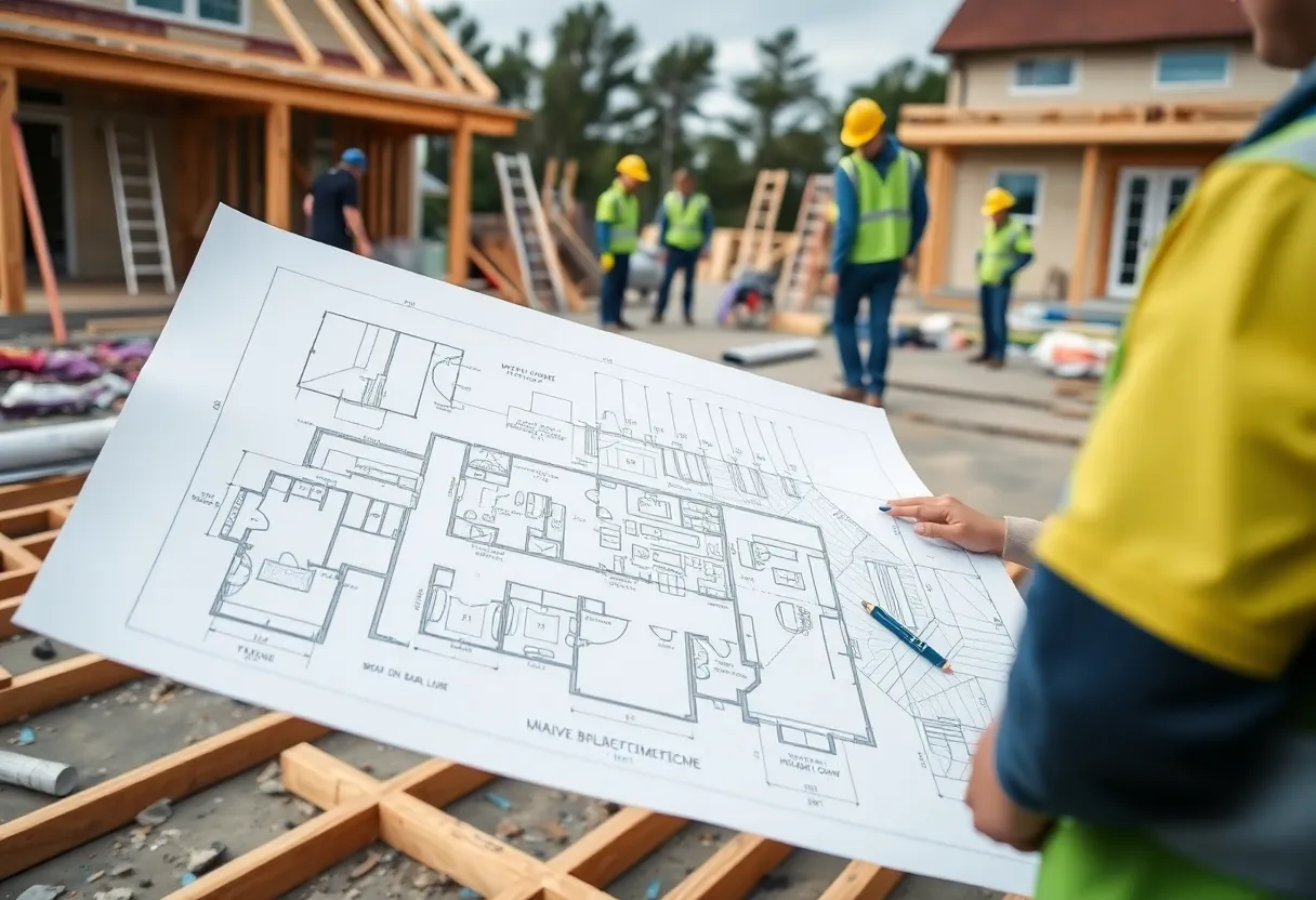 Blueprints and construction workers on a home building site in New York.
