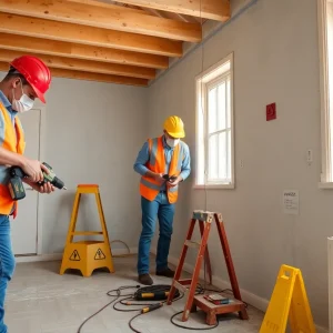 Professionals ensuring safety during home renovation with protective gear and equipment.