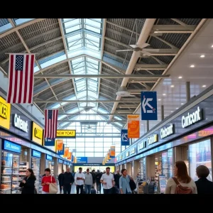 Retail area in JFK Airport's New Terminal One showcasing local New York brands.