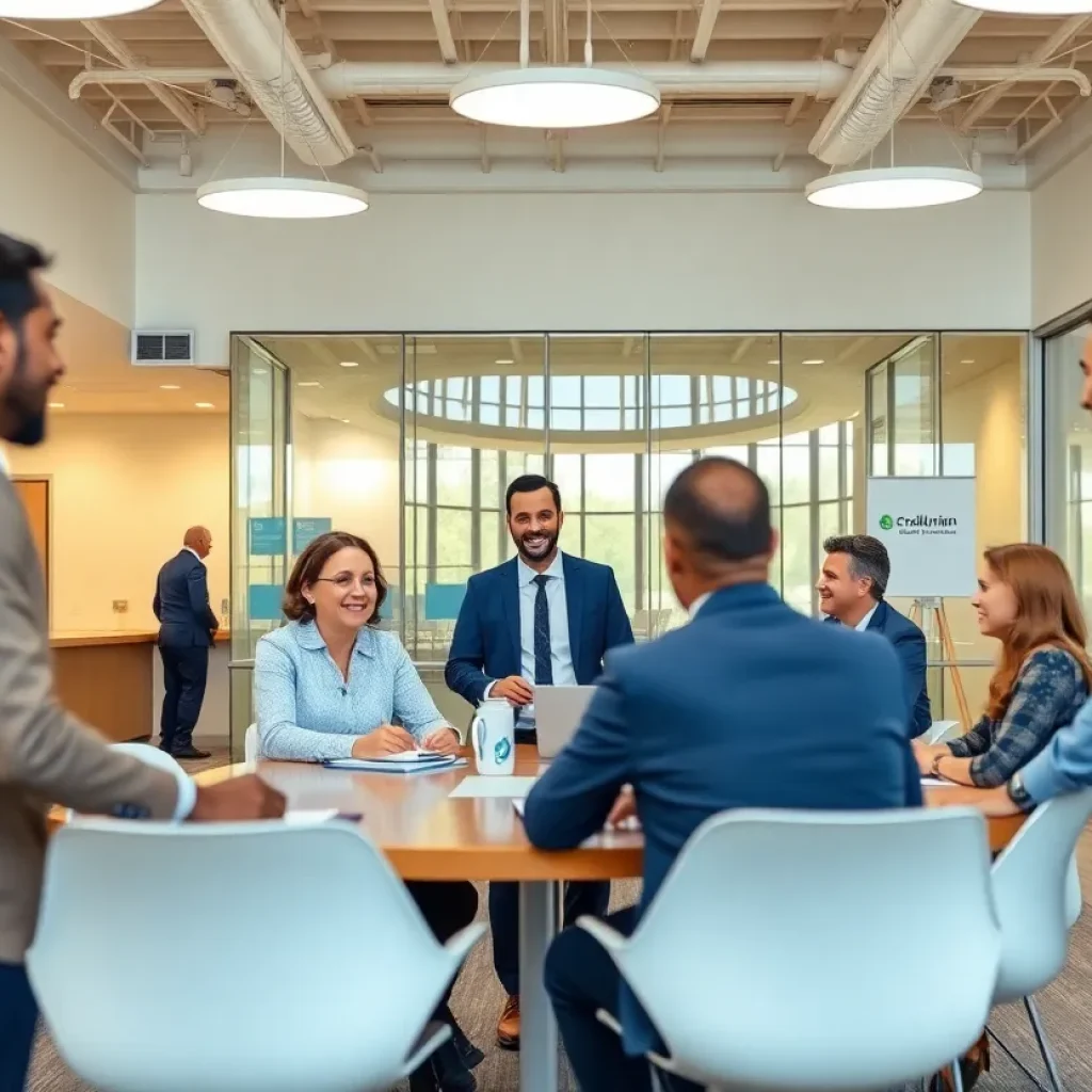 Interior of Jovia Federal Credit Union office showing a meeting between professionals
