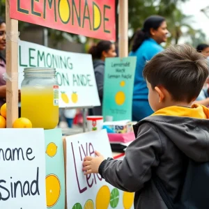 A young child operating a lemonade stand for charity.