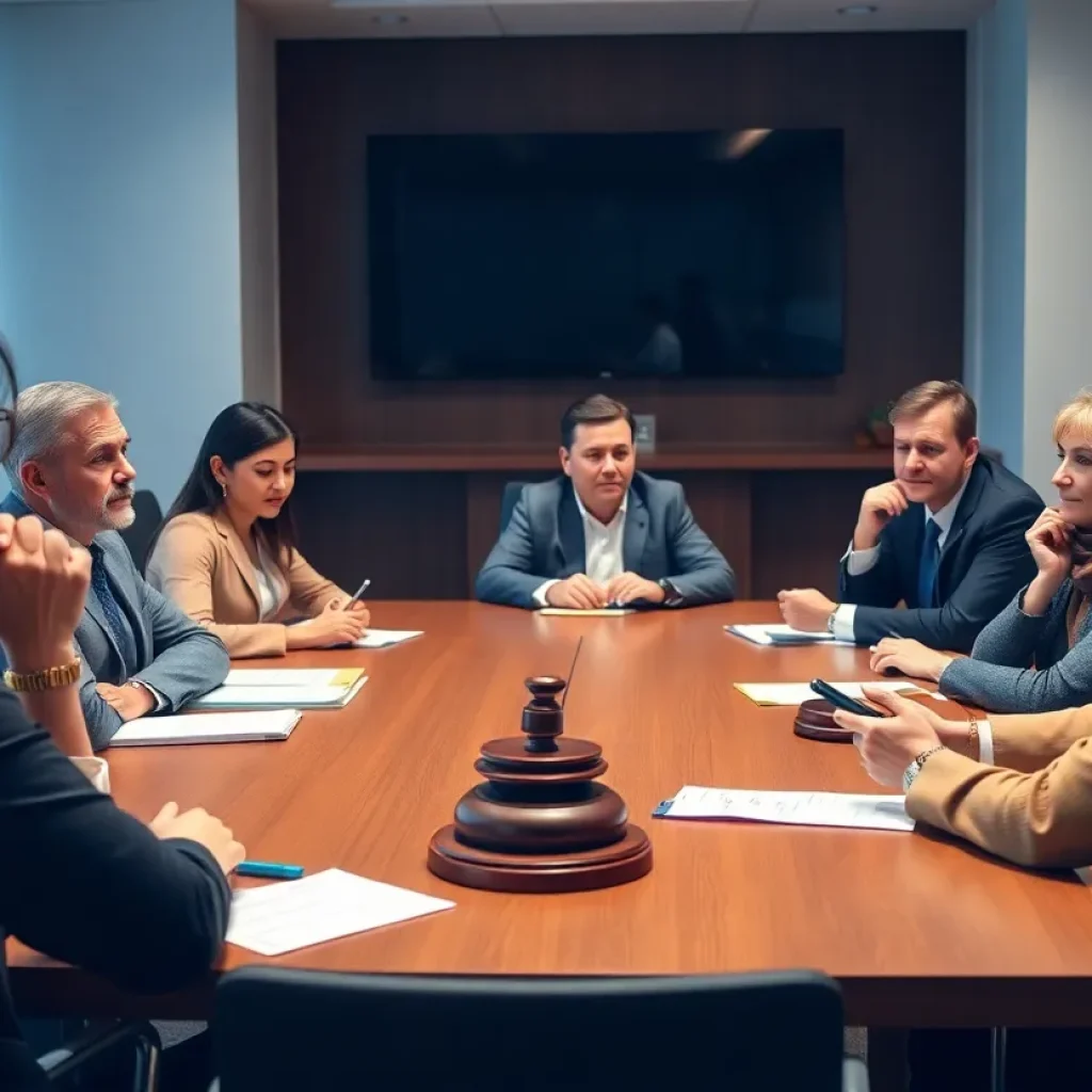 Diverse professionals discussing new child welfare legislation in a conference room.