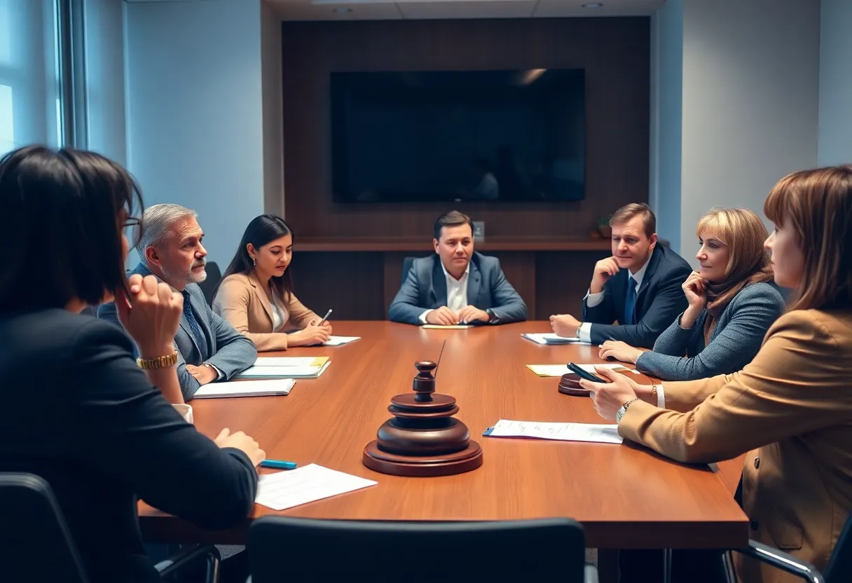 Diverse professionals discussing new child welfare legislation in a conference room.