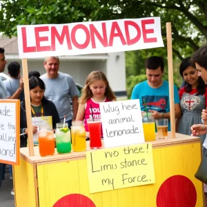 A cheerful lemonade stand promoting animal welfare donations.