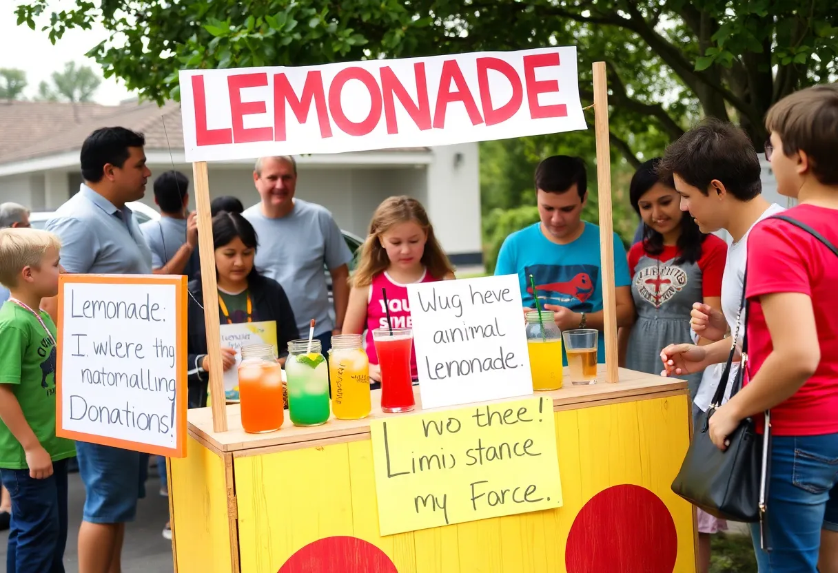 A cheerful lemonade stand promoting animal welfare donations.