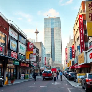 Commercial real estate scene on Long Island with various businesses and activity.