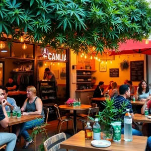 Outdoor scene of Lowell Garden café in West Hollywood with patrons enjoying cannabis.
