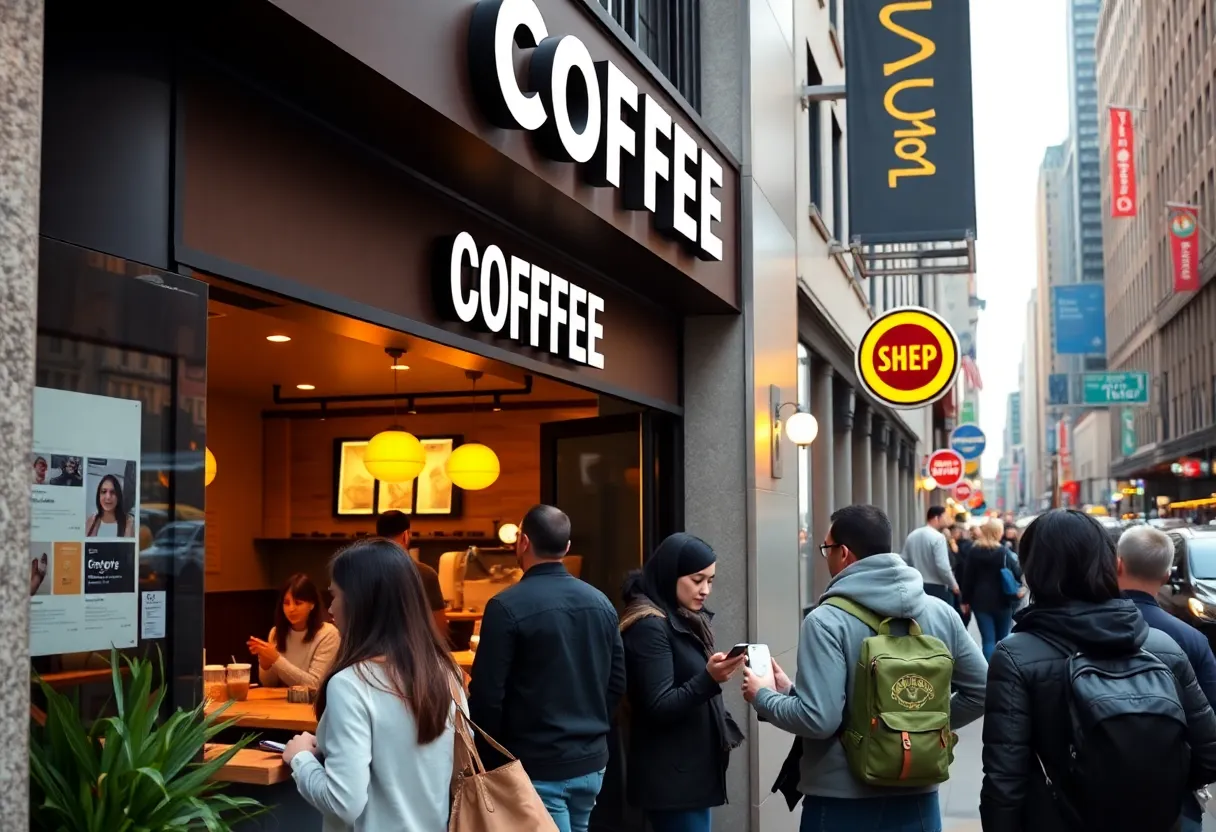 Exterior of Luckin Coffee store in Manhattan with customers