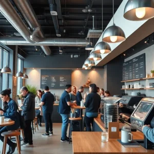Interior view of a Luckin Coffee shop in New York City filled with customers enjoying their drinks.
