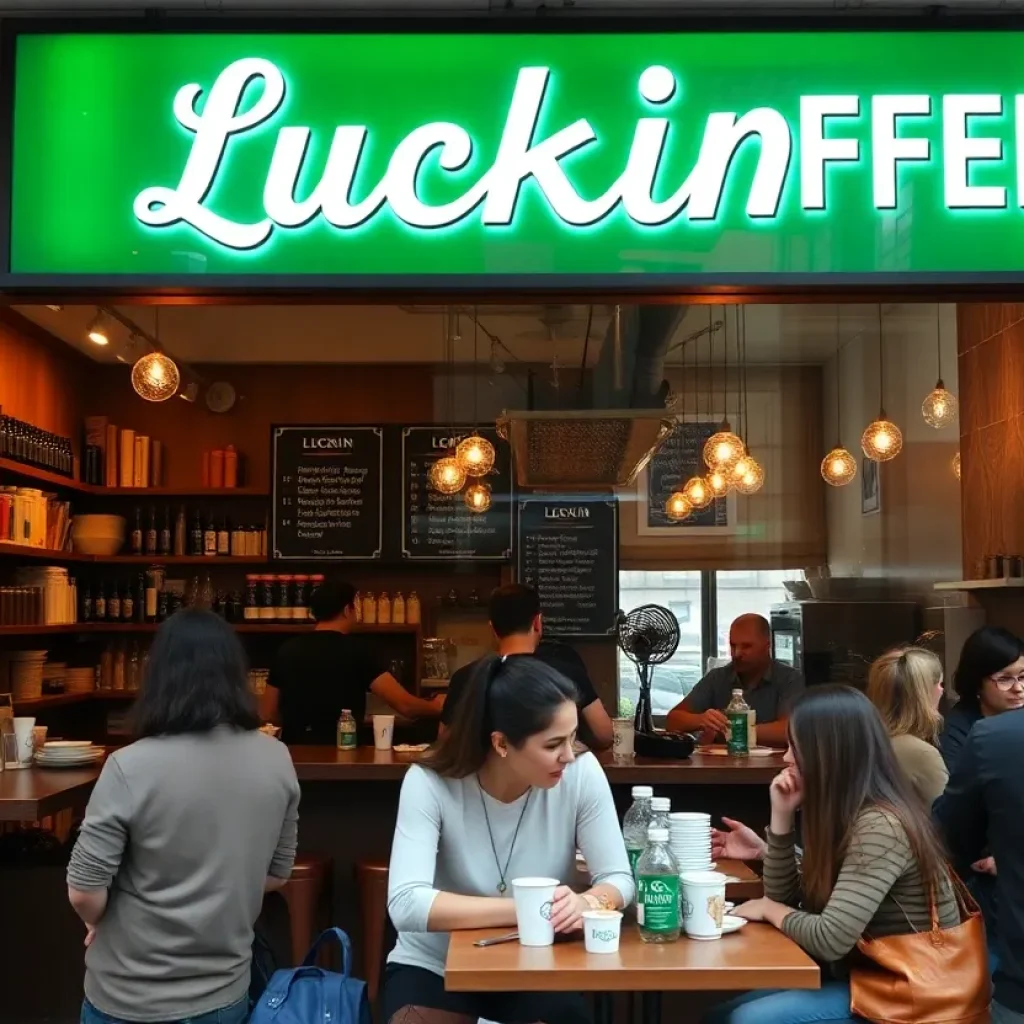 Interior view of Luckin Coffee store in New York City with customers.