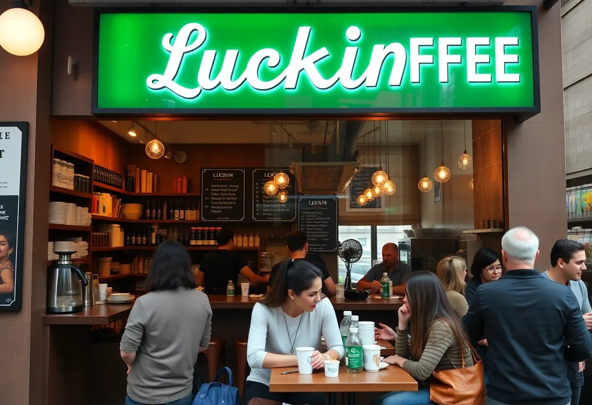 Interior view of Luckin Coffee store in New York City with customers.