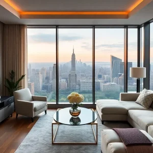 Interior of a luxury apartment with skyline views