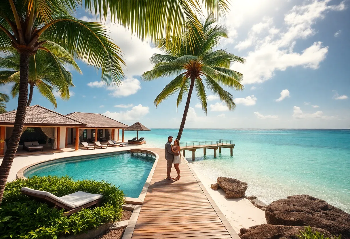 Elegant tropical resort with beachfront villas and turquoise waters.
