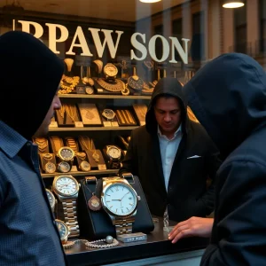 Display of luxury watches and jewelry at a pawn shop