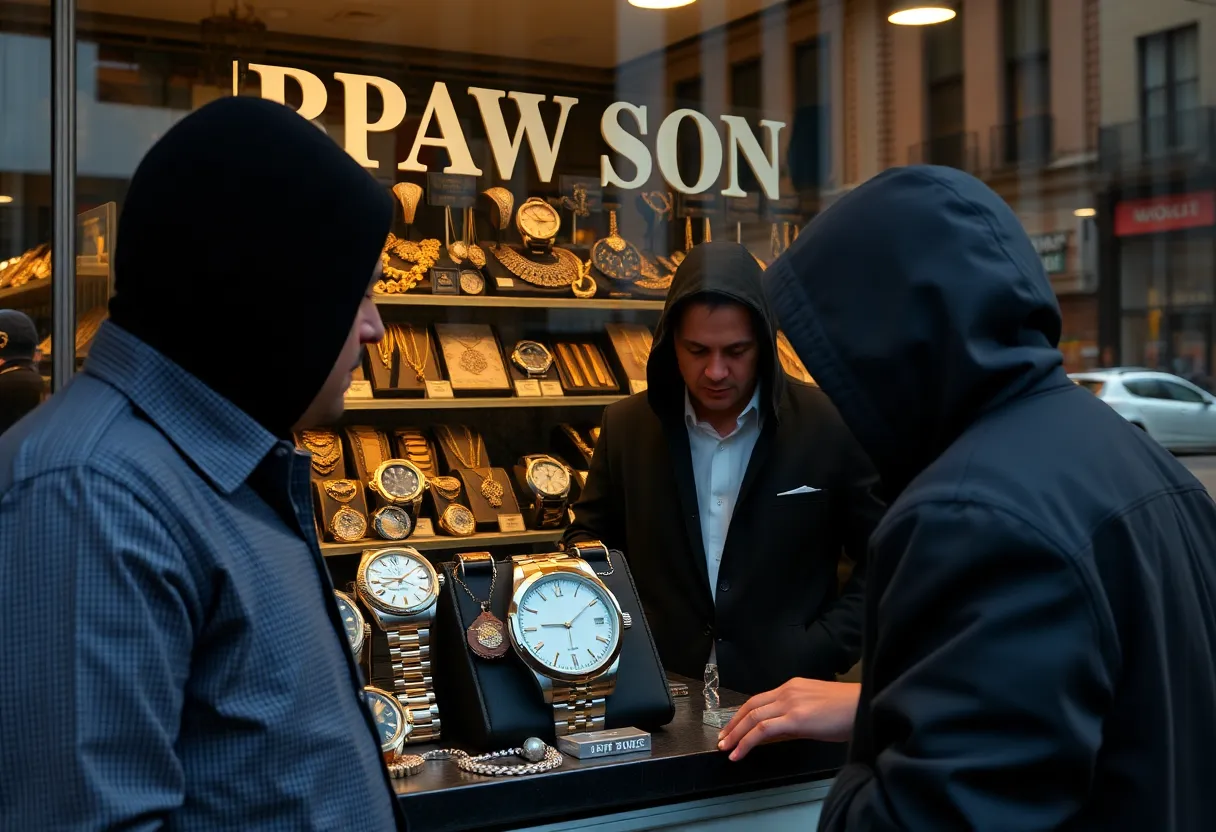 Display of luxury watches and jewelry at a pawn shop