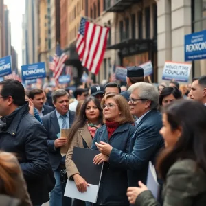 Campaign scene in New York City with diverse constituents supporting a candidate