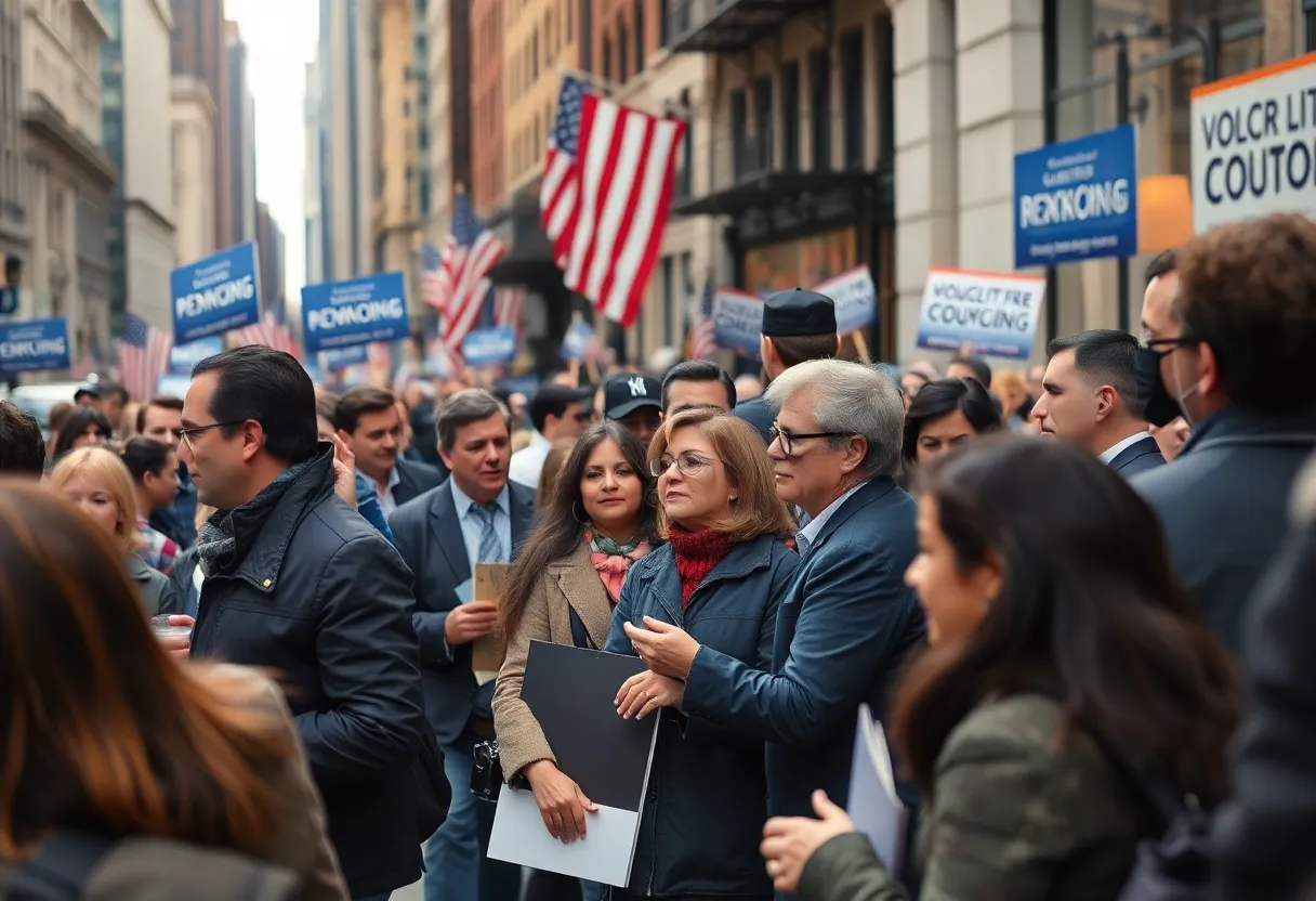 Campaign scene in New York City with diverse constituents supporting a candidate