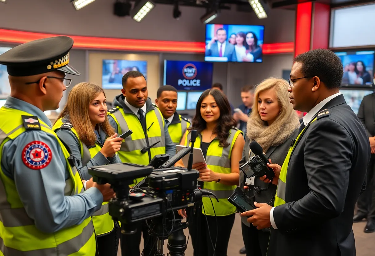 Diverse media professionals discussing the Keep Police Radio Public Act in a newsroom.