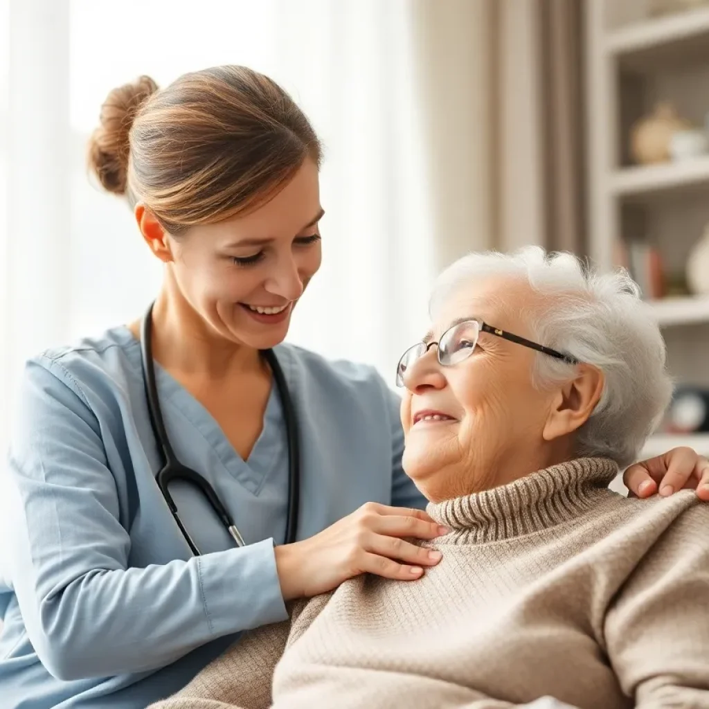 Caregiver assisting elderly individual at home.
