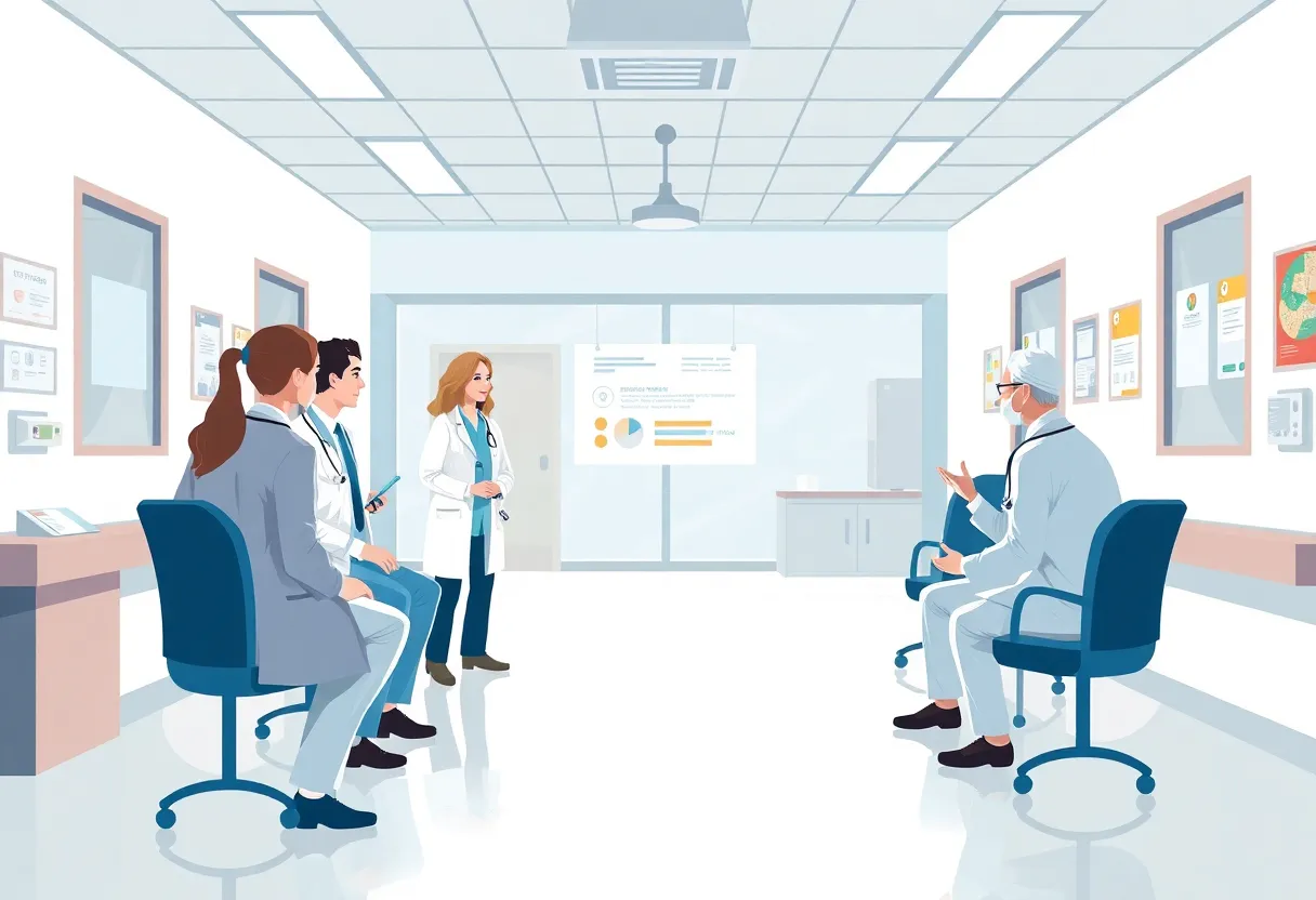 Healthcare providers in discussion at a hospital regarding drug pricing regulations