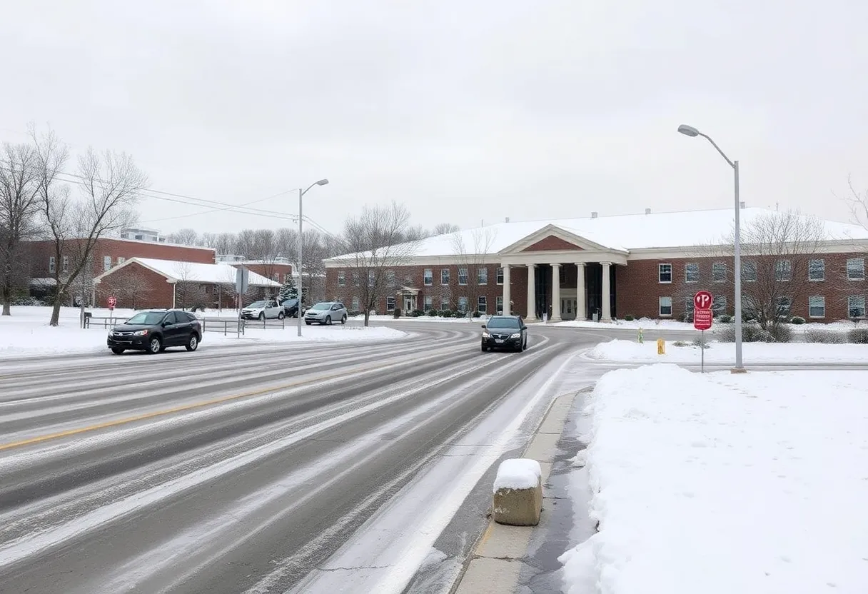 Icy roads and school buildings in Middle Tennessee during winter