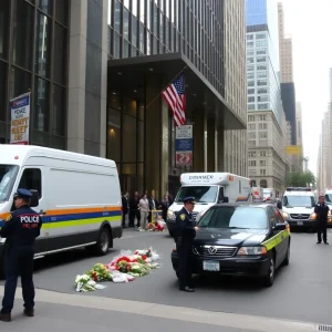 Police vehicles and onlookers at the scene of a shooting in Midtown Manhattan