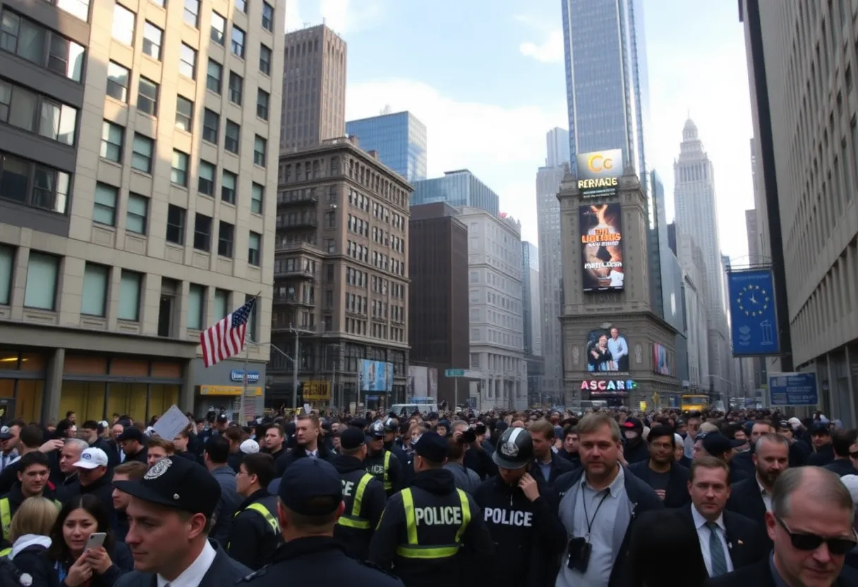 Police vehicles and onlookers at the scene of a shooting in Midtown Manhattan