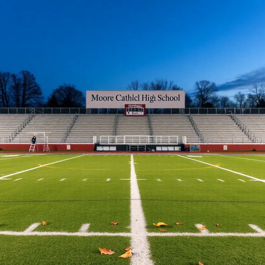 Empty football field at Moore Catholic High School with a team banner