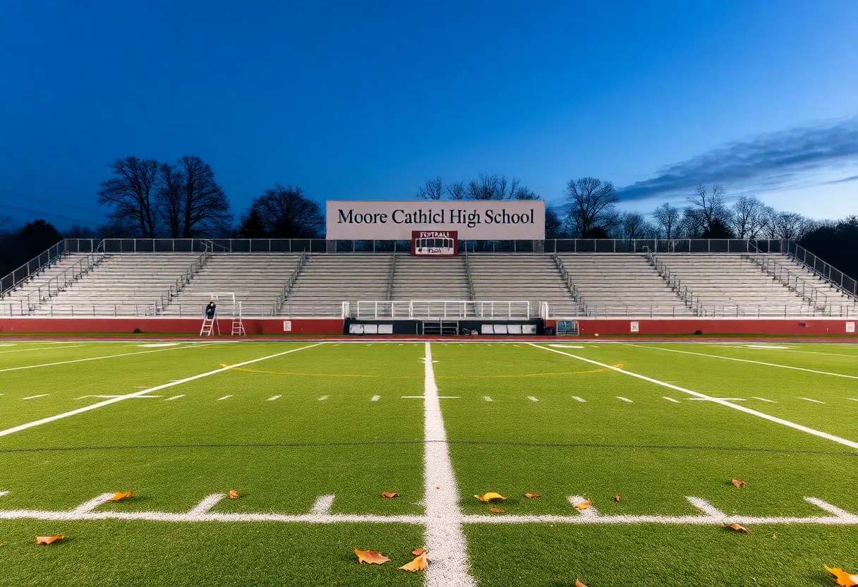 Empty football field at Moore Catholic High School with a team banner