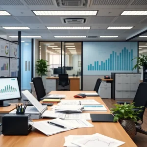 Corporate finance office showcasing financial documents and technology