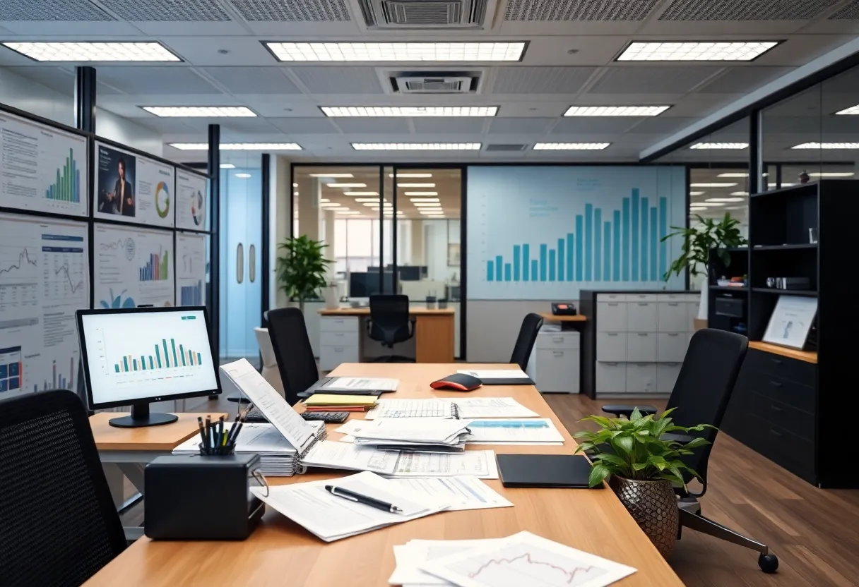 Corporate finance office showcasing financial documents and technology